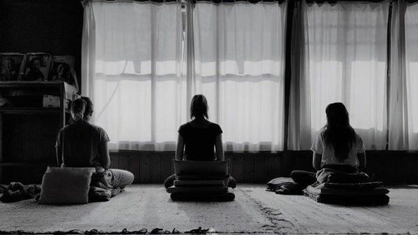 Meditator sitting on a cushion facing a quiet garden at a silent retreat