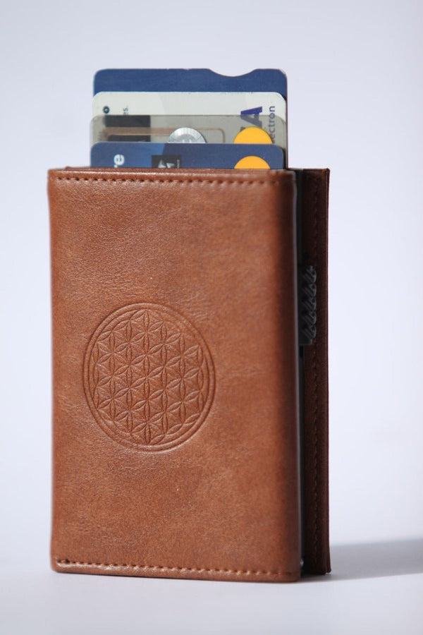 Premium Credit Card Holder RFID Leather Wallet Flower of Life Brown -